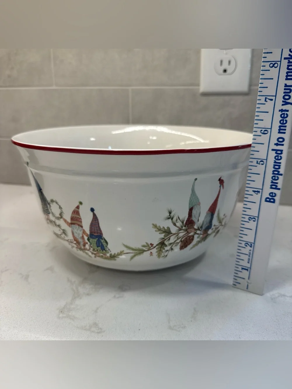 Pottery barn Festive Holiday Forest Gnome large Mixing Bowl with Red Rim